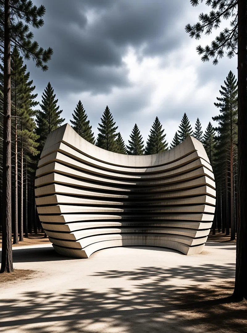 A large sculptural building with curved horizontal layers sits in a forest clearing beneath dramatic clouds.
