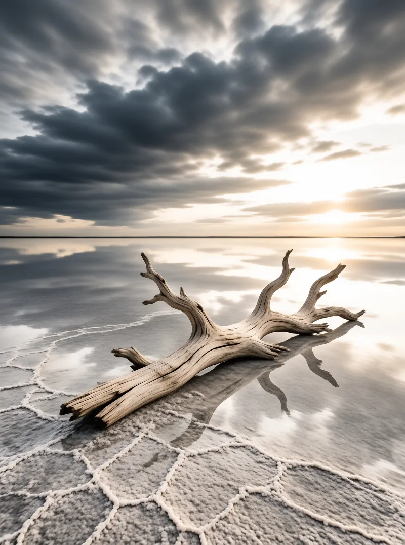 A bleached piece of driftwood lies across a hexagonal salt flat reflecting a dramatic cloudy sky near the horizon.