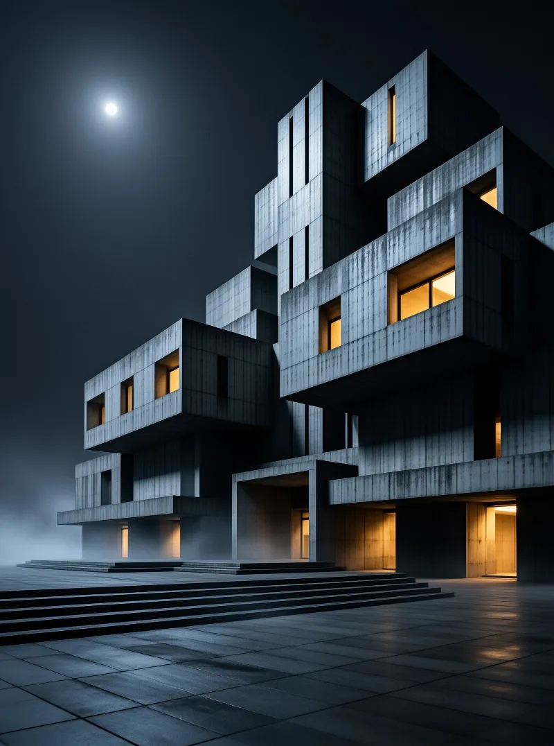 A tiered brutalist building of stacked concrete boxes glows with warm window light beneath a full moon