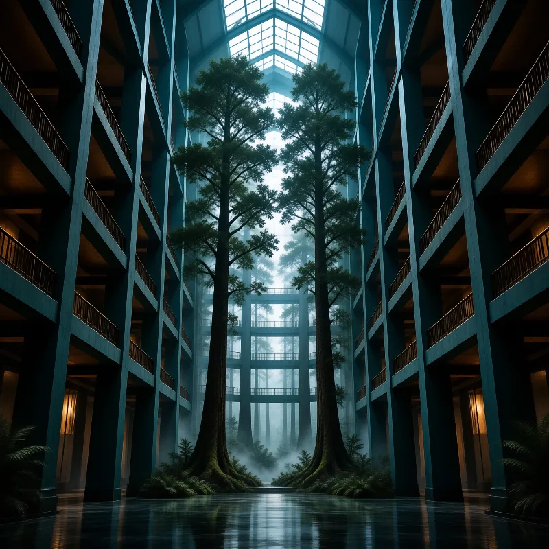 Two massive trees stand inside a towering blue building with a skylight roof and misty floor.
