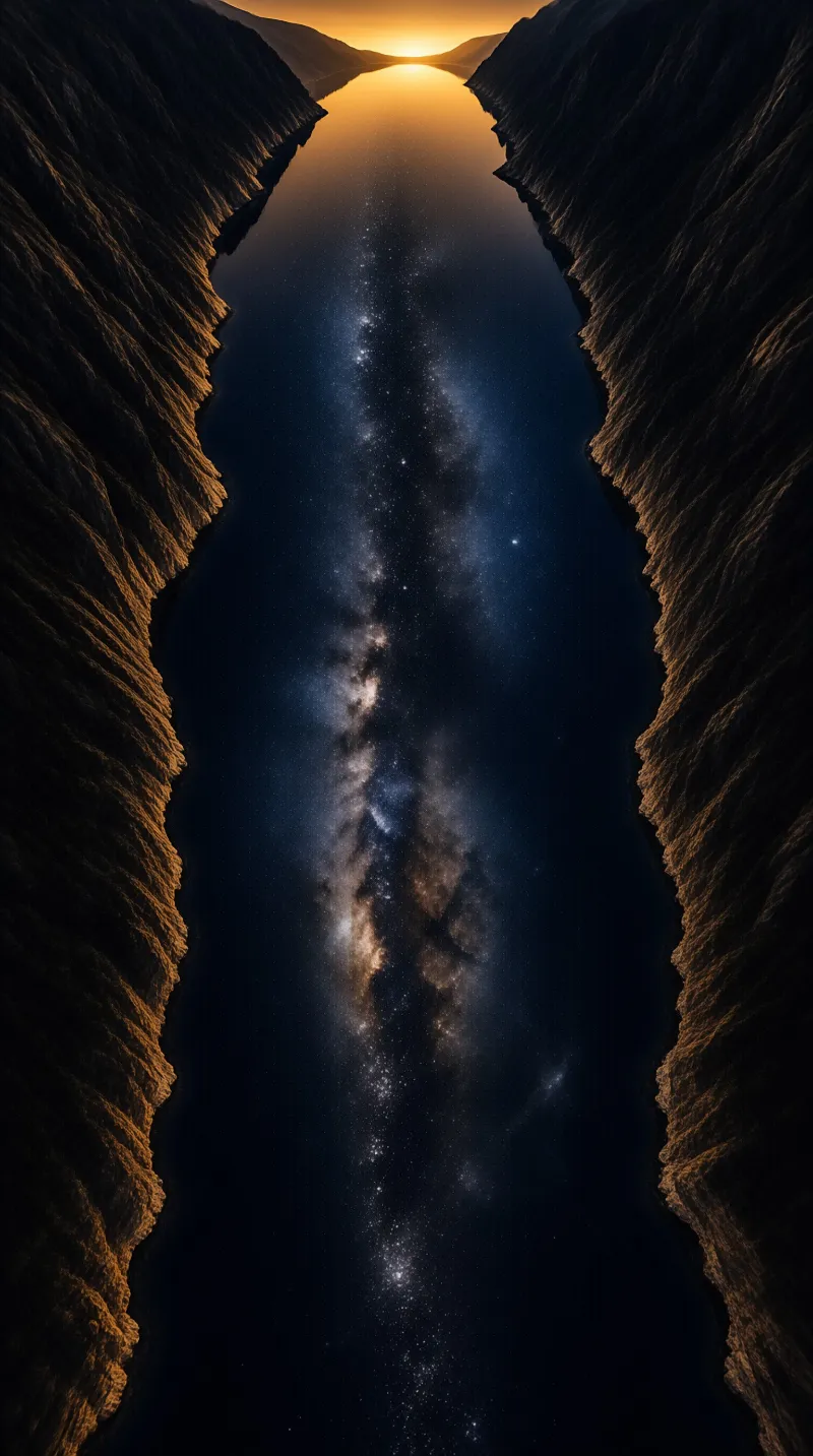Starry Milky Way fills the gap between steep canyon walls as the setting sun glows at the far ridge.