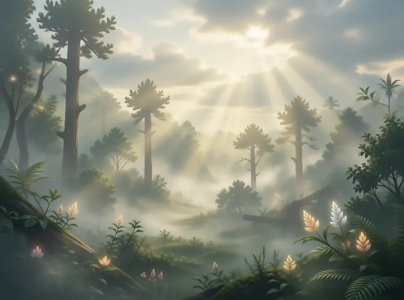 Mystical Forest with Sunbeams