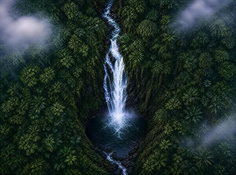 Aerial view of a waterfall cascading into a pool surrounded by dense, misty green vegetation