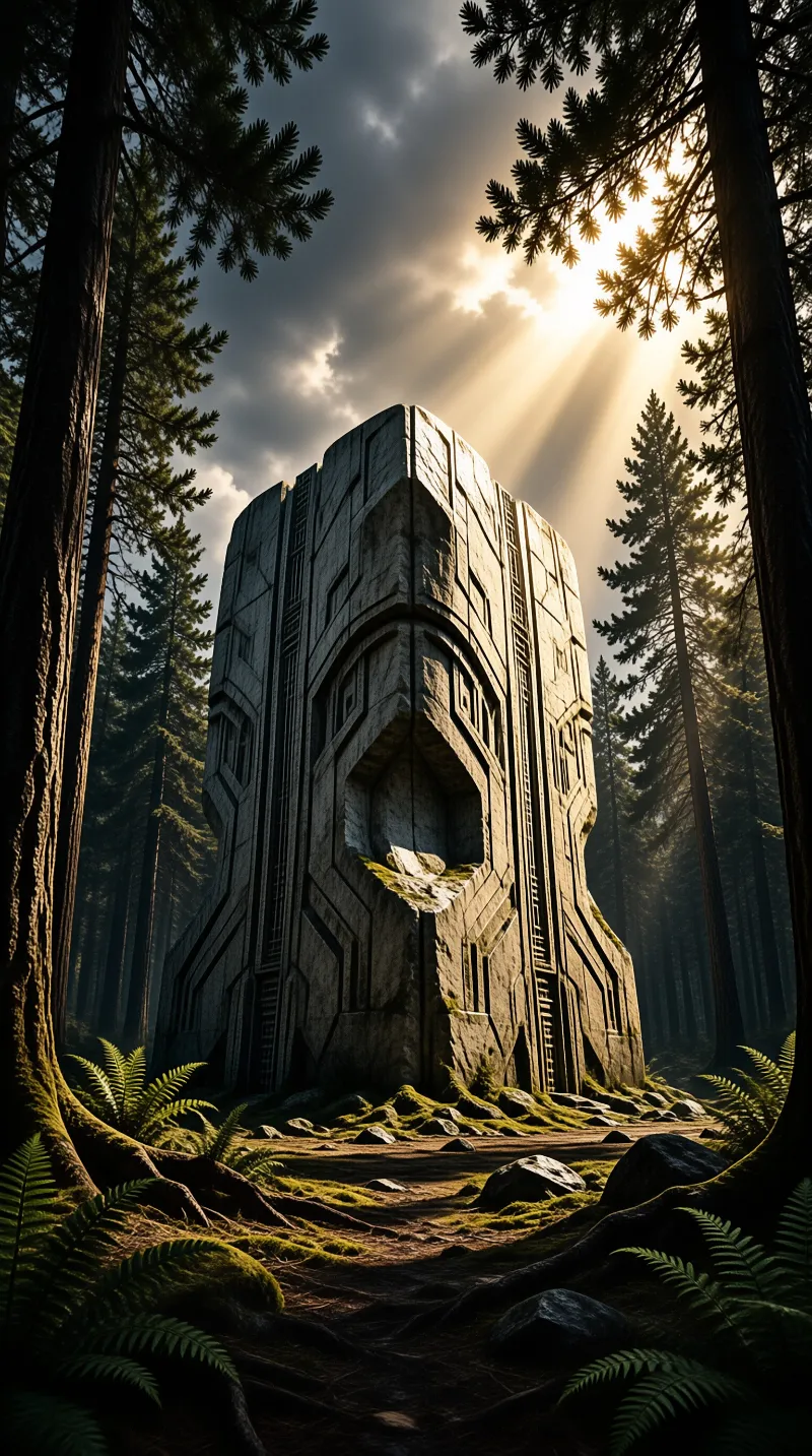 Ancient stone tower in dense pine forest with golden sunlight streaming through trees casting shadows on mossy ground