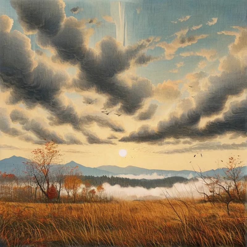 Golden grasses frame a misty valley where dark storm clouds gather above a pale sun hovering near the horizon.