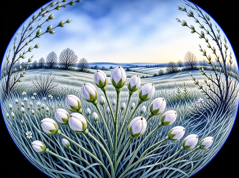A cluster of white flower buds stands prominently in the foreground of a grassy field surrounded by cool blue tones and rolling hills dotted with bare trees under a soft sky