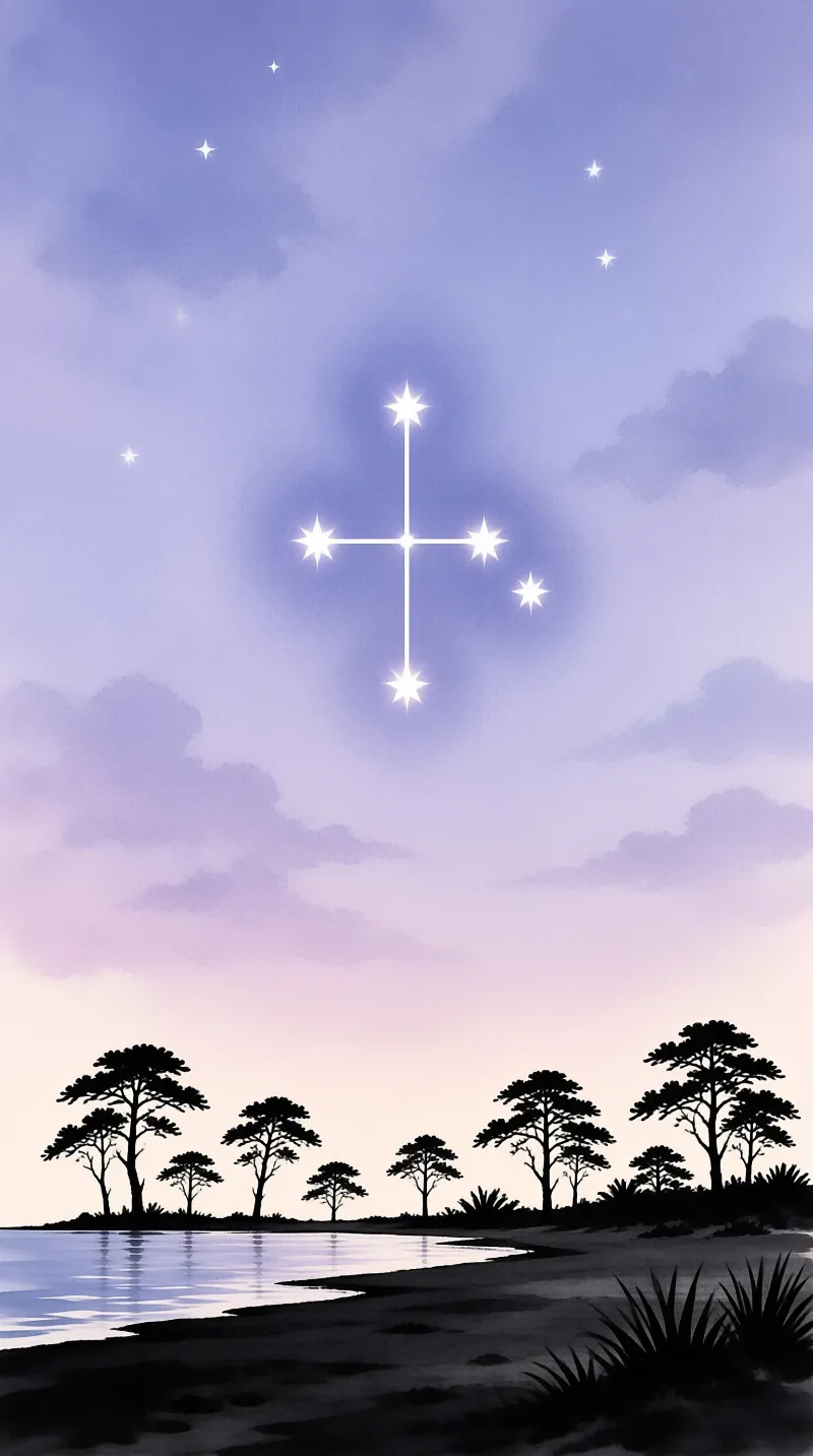 Four bright stars form a cross shape in the purple twilight sky above black tree silhouettes near the water.