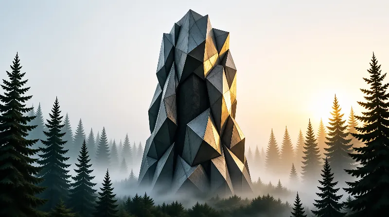 A sharp multi faceted monolithic structure rises above low mist among dense conifer trees under warm soft golden dawn light.