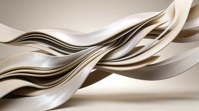 Layered cream and ivory silk ribbons curve dynamically across a muted beige background under even soft diffused lighting.