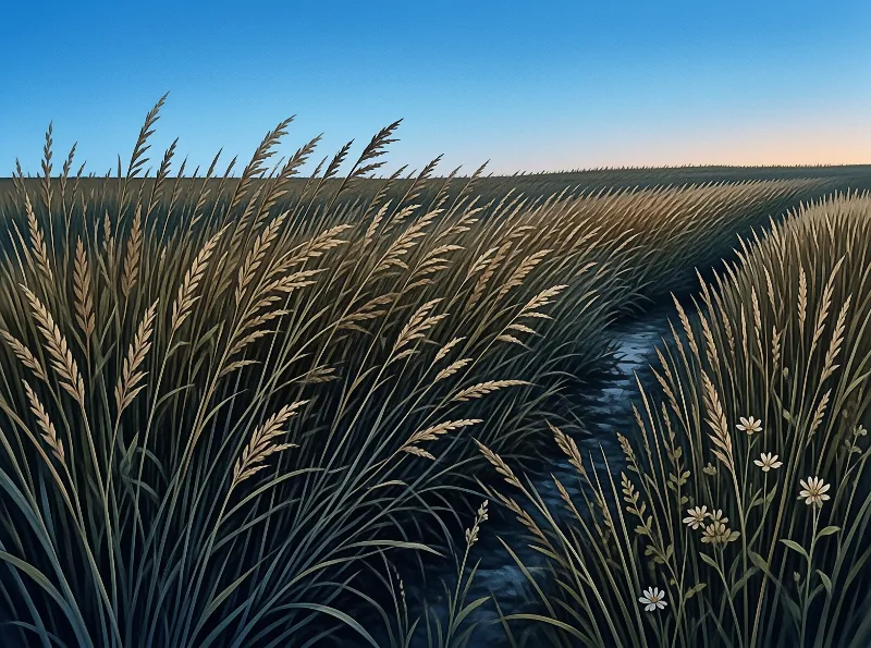 A stream winds through golden wheat stalks bending beneath a gradient twilight sky shifting from deep blue to orange.