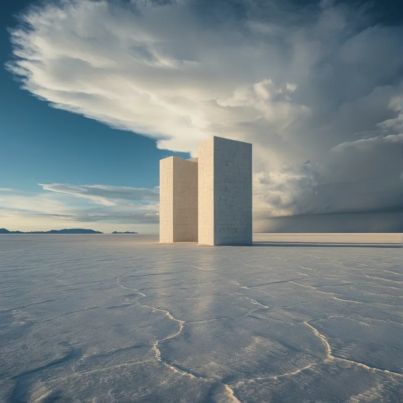 Two massive white rectangular blocks rise from a flat cracked landscape under a sky dominated by bright streaking clouds.