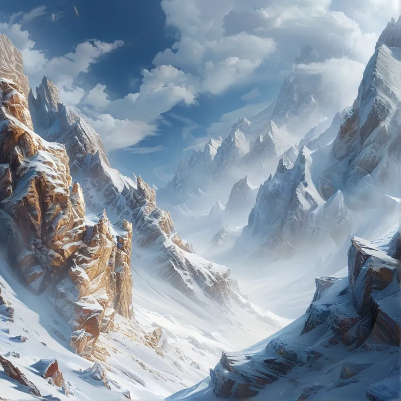 Jagged snow-covered mountains rise sharply against a deep blue sky filled with fluffy white clouds.