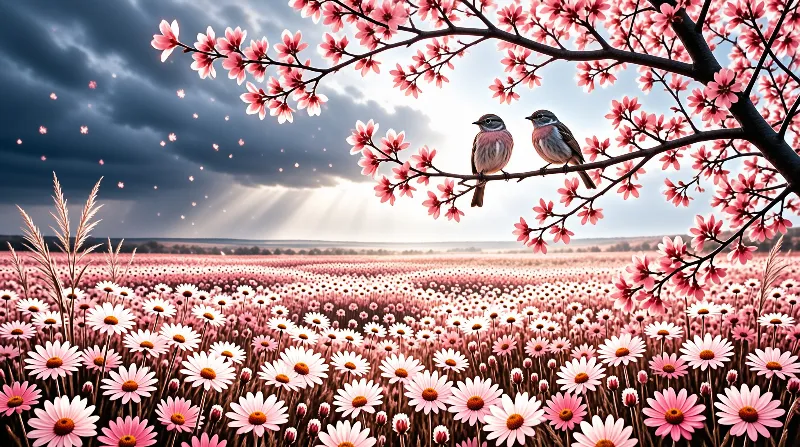 Two small birds rest on a pink flowering branch above a vast daisy field as sunbeams break through moody dark clouds