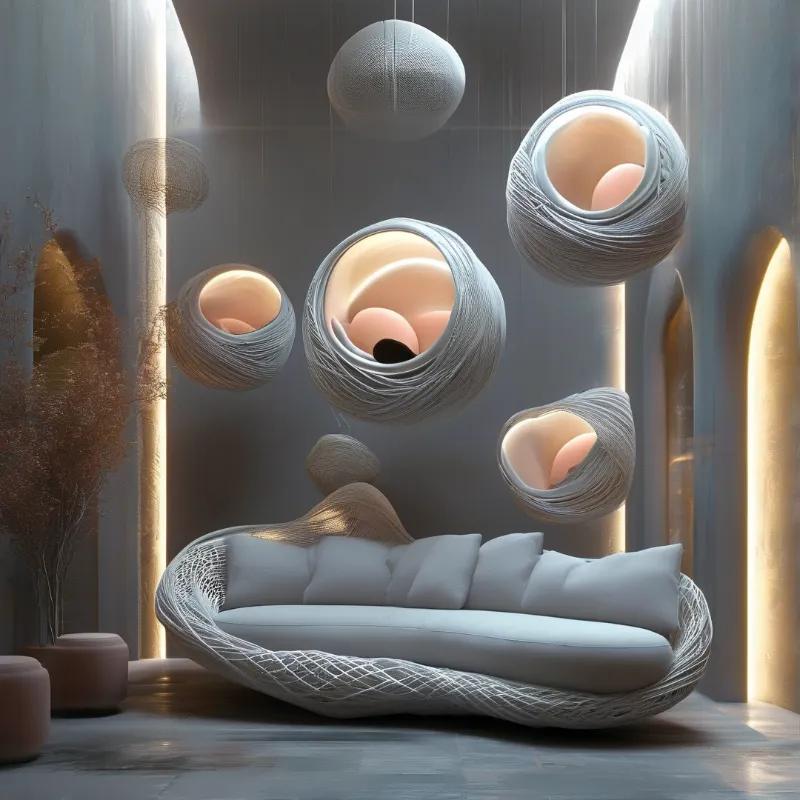 Large curved seating with white cushions sits under suspended woven spheres emitting warm light in a curved architectural space.