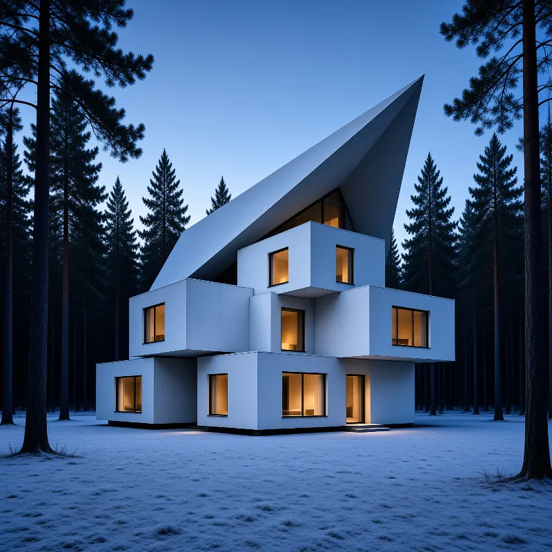 A white geometric residence stands in a snowy pine forest at dusk with warm yellow light shining from its windows.