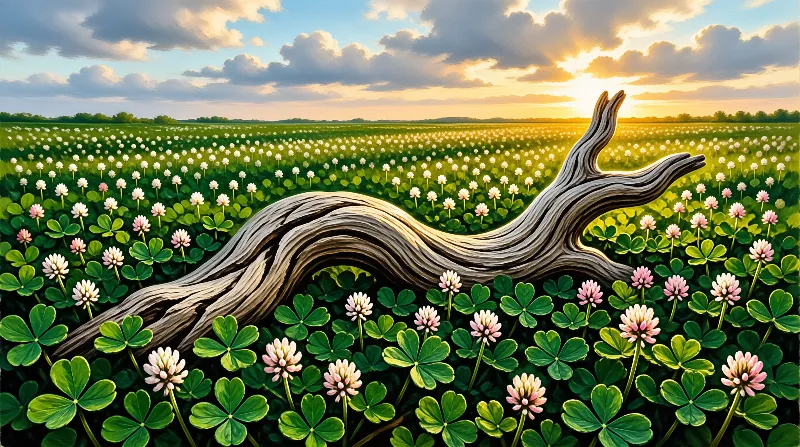 A large curved piece of weathered wood lies among green clover leaves and pink blossoms under a glowing golden sky.