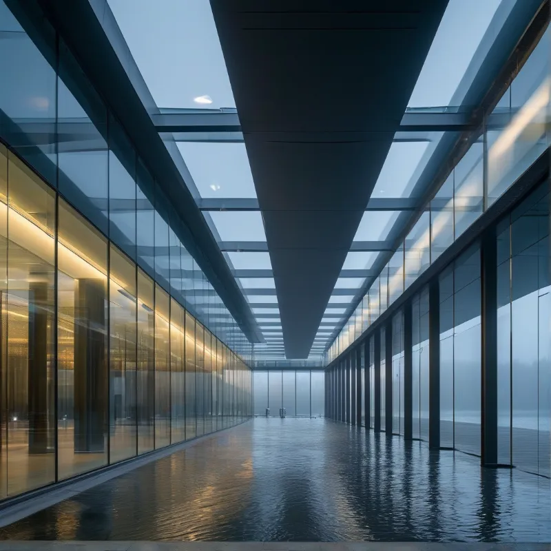 Long glass walkway features a central roof beam above rippling water reflecting warm interior lights against a cool blue sky.