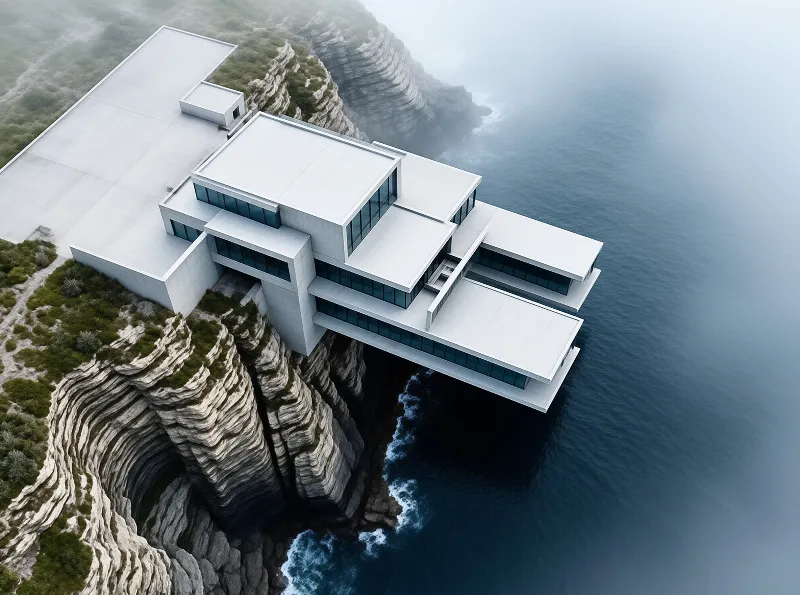 Top down view of a sleek white house attached to a coastal cliff above grey misty sea
