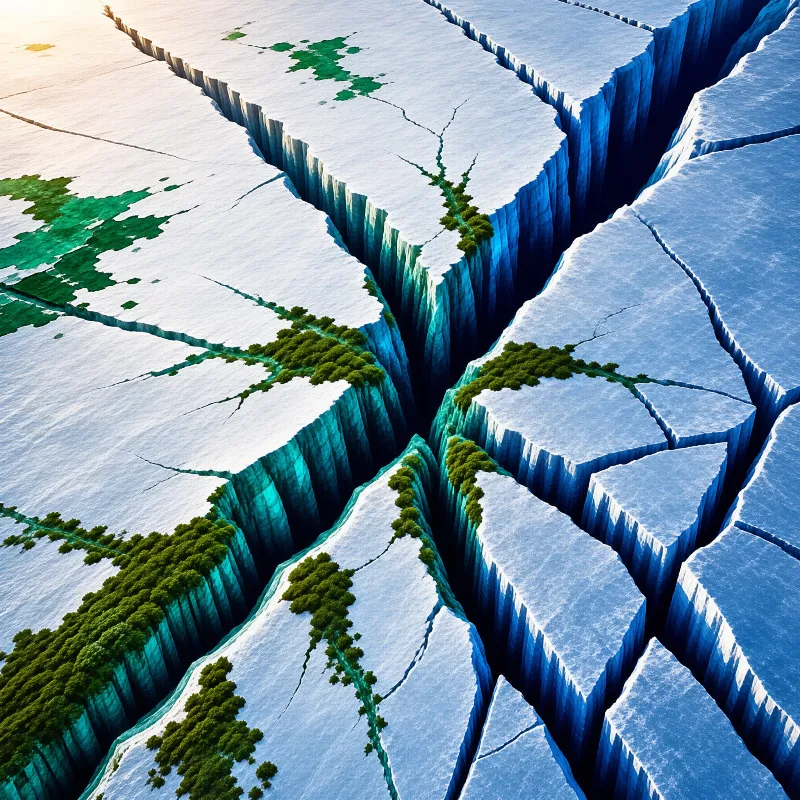 Aerial view of fractured white ice sheets whose deep blue cracks are lined with growing green trees.