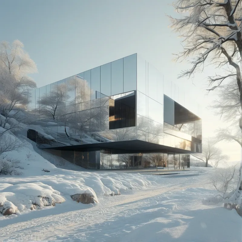 A cube shaped glass house with mirrored walls stands on a snowy slope surrounded by frosted trees at golden hour.