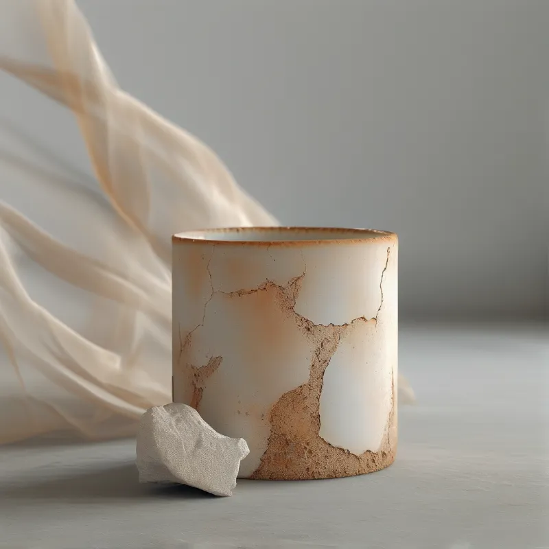 A rustic ceramic cylinder with a cracked glaze stands on a gray surface near a draped beige fabric.
