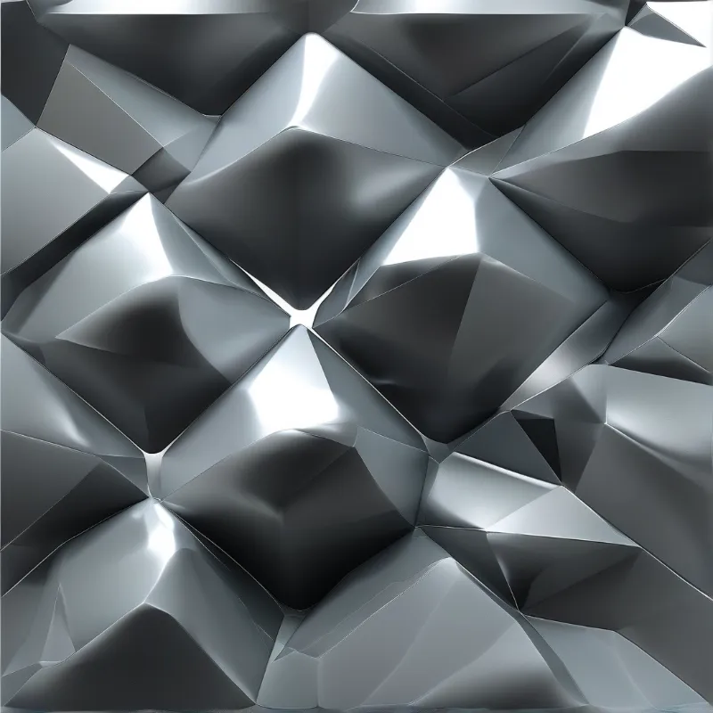Angular grey metallic faceted surface features irregular deep folds, with bright white light highlighting sharp exposed edge creases.