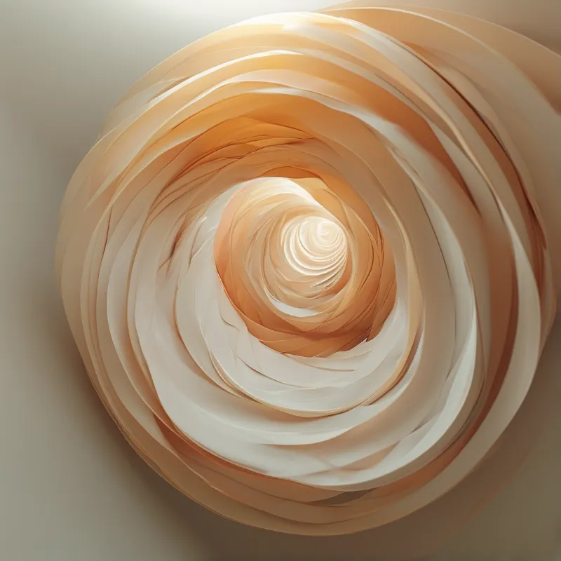Smooth layered ribbons in cream and peach twist into a tight glowing central vortex.