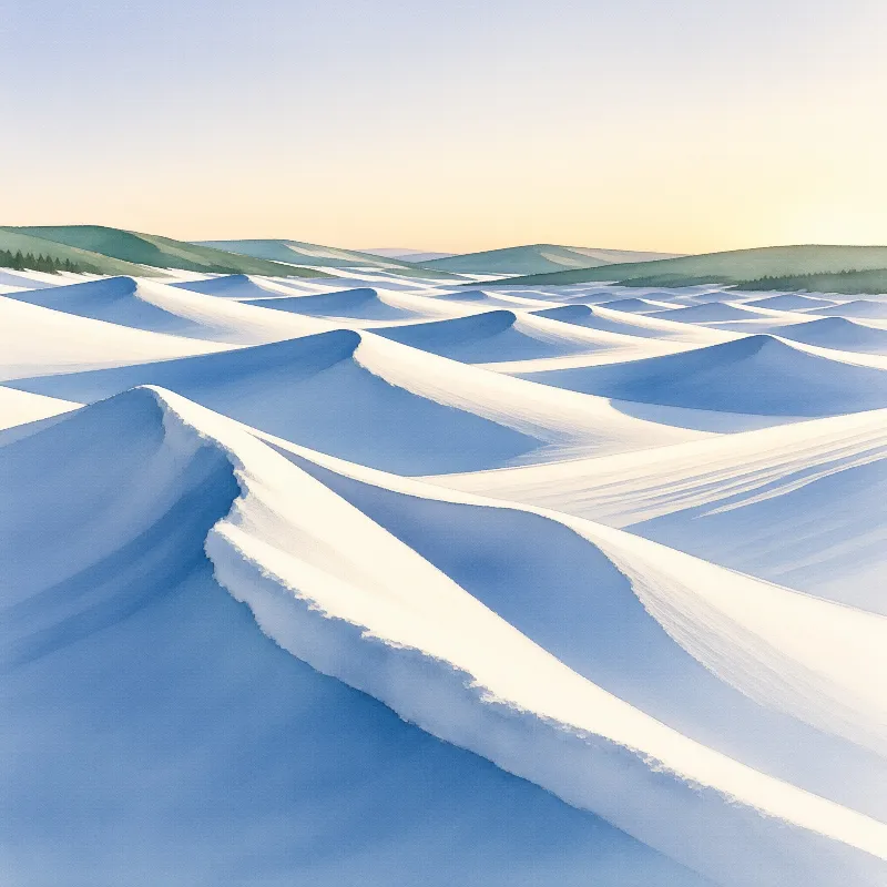 Rolling snow-covered hills extend to distant green slopes beneath a sky shifting from pale blue to warm yellow