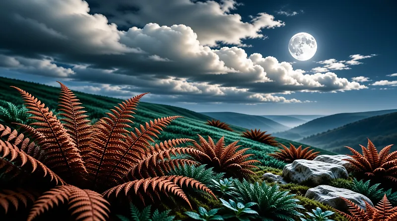 Orange ferns dominate the foreground against rolling green hills under a bright moon and thick white clouds.