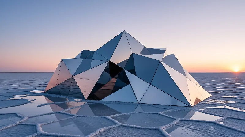 A faceted mirror-like crystal mass sits on cracked icy ground under a peach sunset sky.