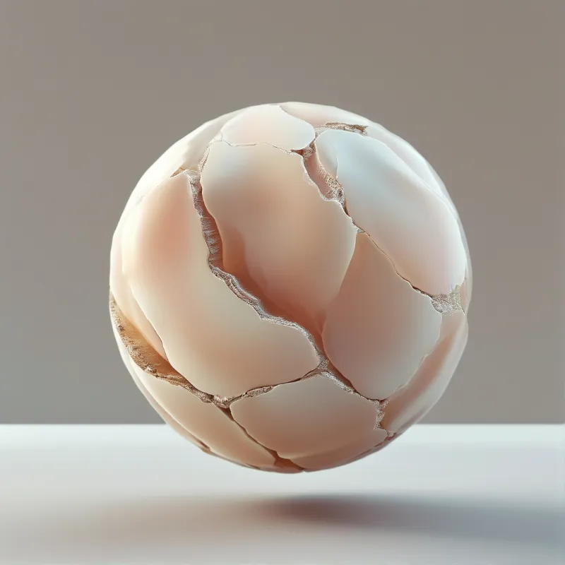 A spherical object with cracked petal-like segments sits above a white surface in soft light.