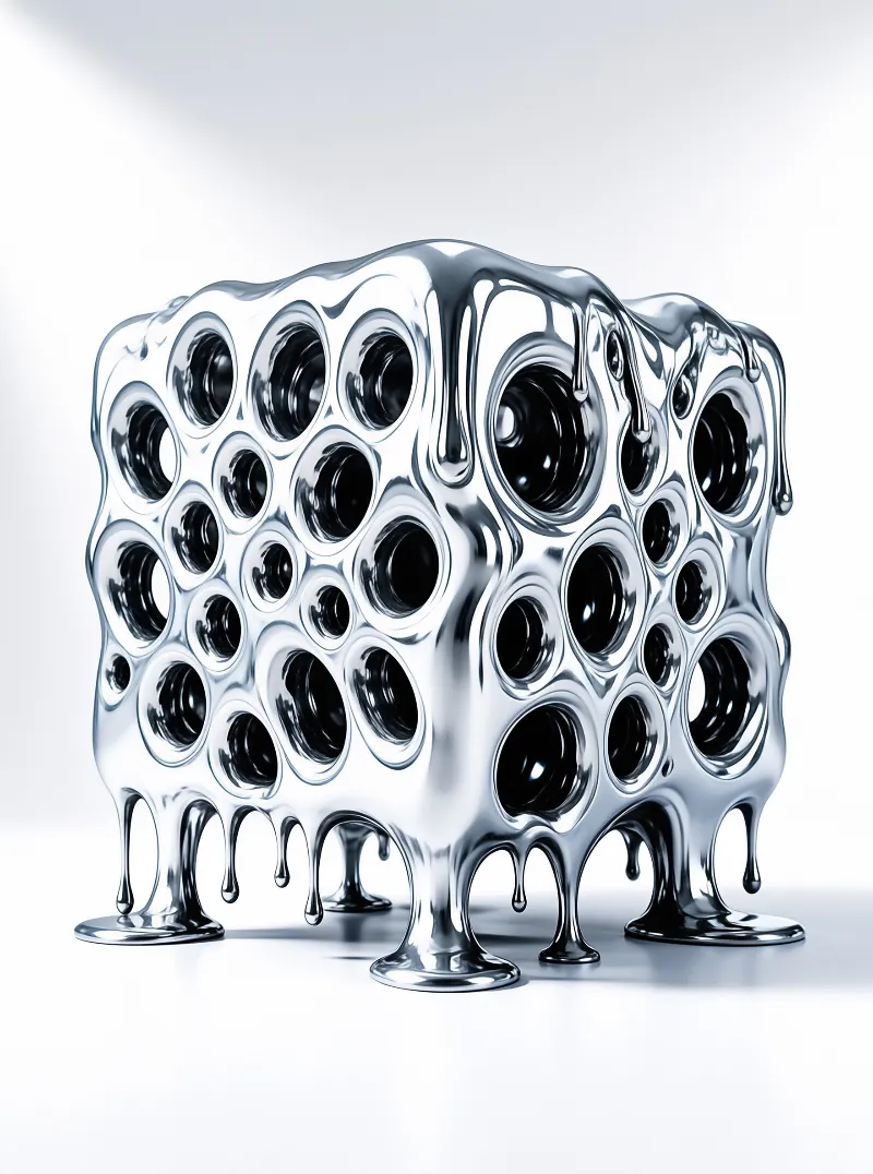 Chrome porous cube with hollow circular holes melts downward onto a smooth white surface under soft even studio lighting.