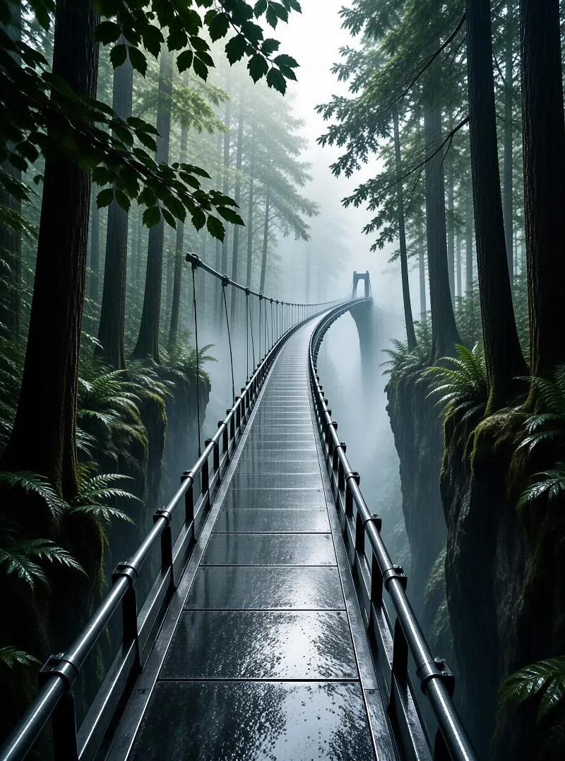 A long metal suspension bridge stretches across a deep gorge surrounded by tall evergreen trees and dense fog