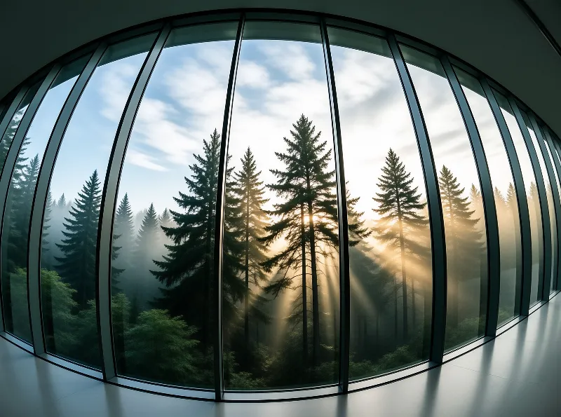 Curved multi-pane glass looks onto a foggy pine forest with golden dawn rays streaming through the tall evergreens