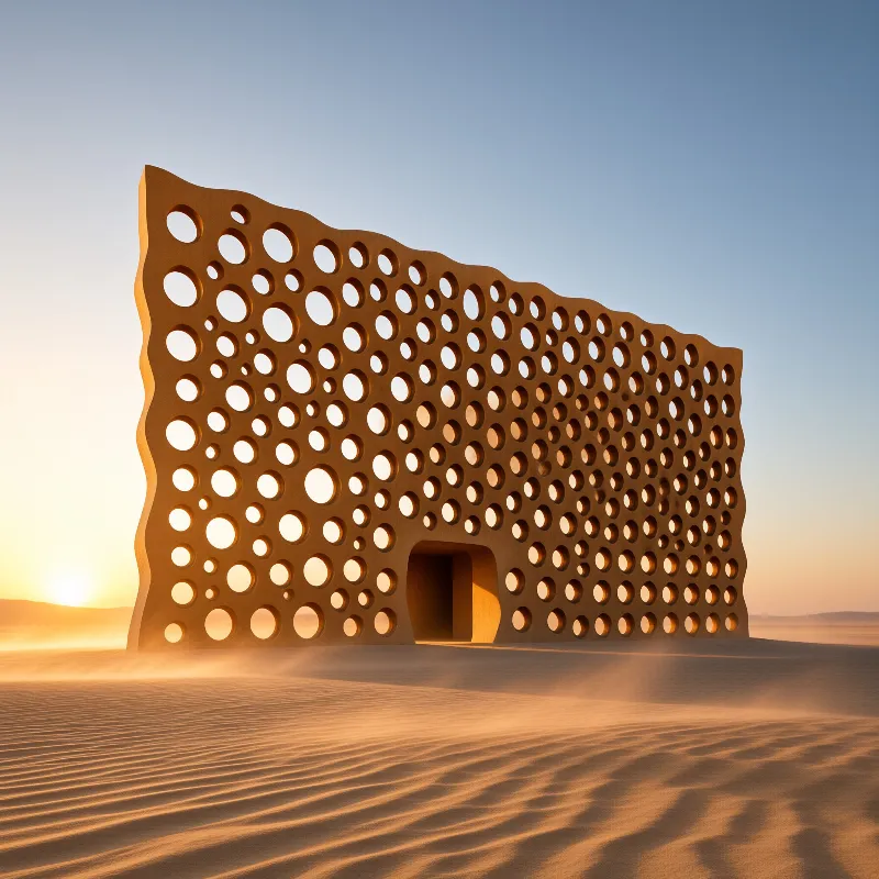 A large wavy structure covered in holes stands alone in sand dunes while the sun rises on the horizon.