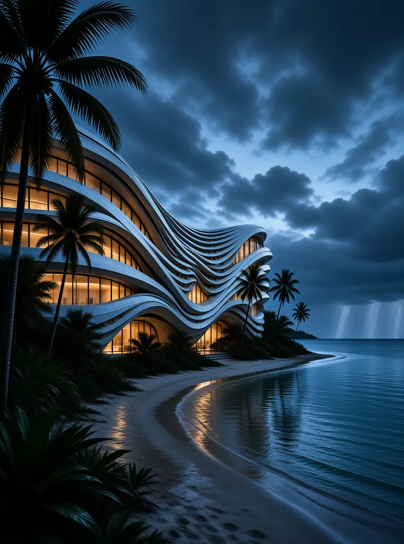 A curvilinear white resort building with warm lit windows stands beside a dark beach with palm trees and rain clouds at dusk