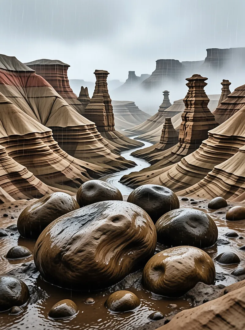 Layered rock spires rise above a winding path while rain falls on wet foreground stones in a foggy brown landscape.