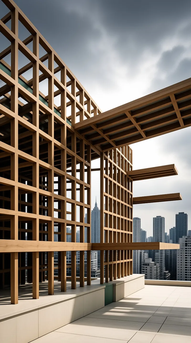 Large wooden beams form a geometric grid structure on a rooftop overlooking a dense city skyline under bright daylight.