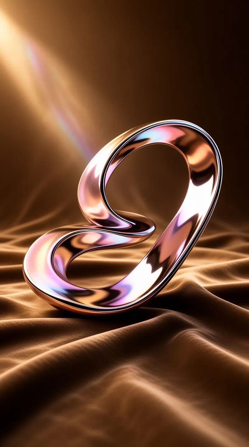 A glossy looping band shifts between pink and pale blue as it rests on rippling bronze fabric under a warm beam.