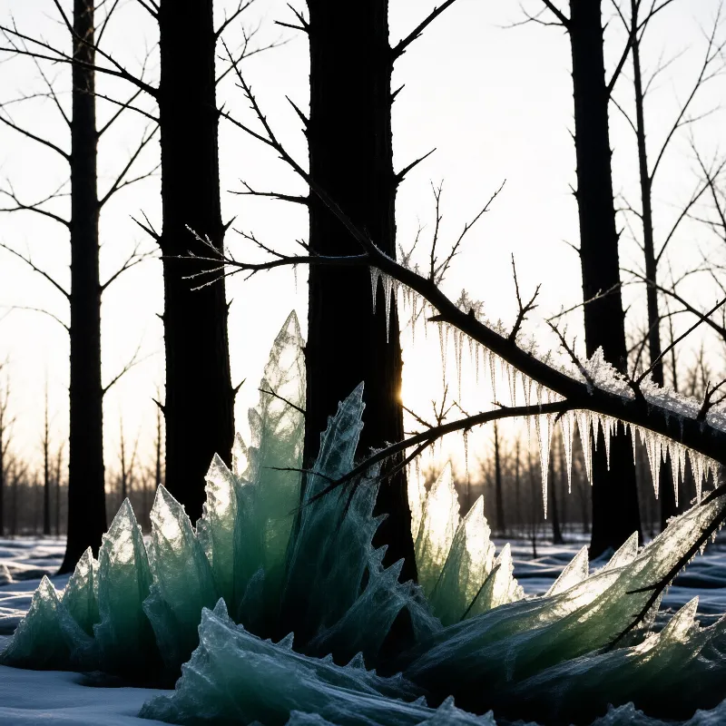 Jagged sheets of blue ice rise from the snow in a dark forest while sunlight glows through the trees behind them.