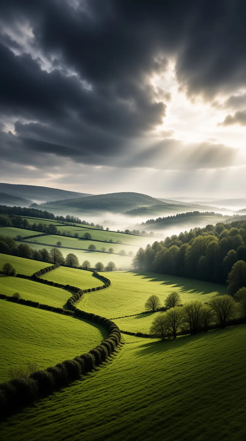 Rolling countryside quilted with hedges, veiled in low mist beneath storm clouds split by shafts of light.