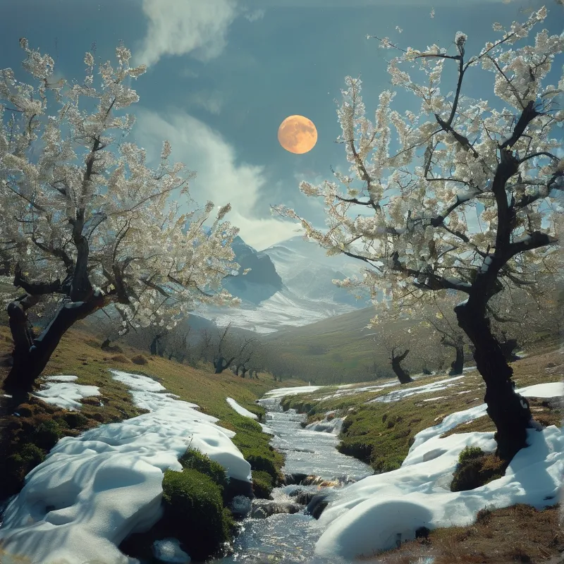 White spring blossoms frame a melting snowfield and a winding brook beneath a huge amber harvest moon.
