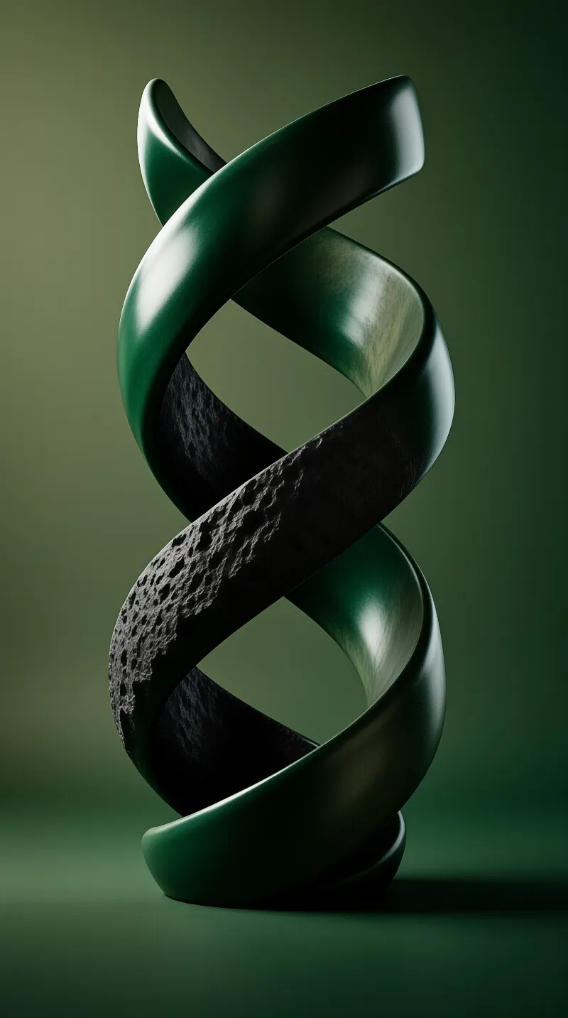 A glossy green twisted ribbon sculpture stands against a matching background, revealing a rough black porous surface.