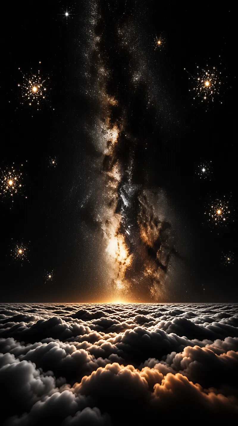 A vertical view of the Milky Way galaxy rising above a vast sea of textured clouds lit by warm stellar light.