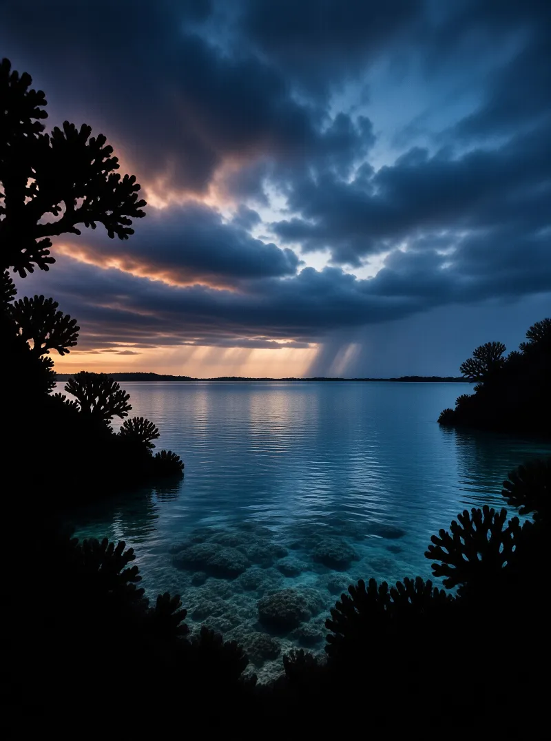 Dark foreground structures frame calm blue water illuminated by sunbeams piercing through heavy twilight clouds.