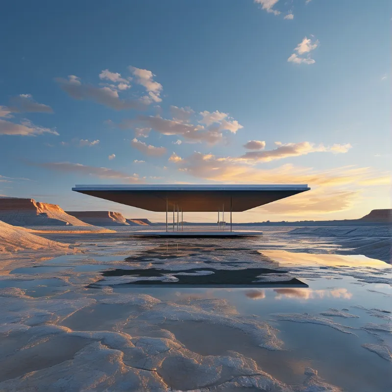 A minimalist shelter on slender columns hovers above a cracked white basin reflecting orange and blue evening sky hues.