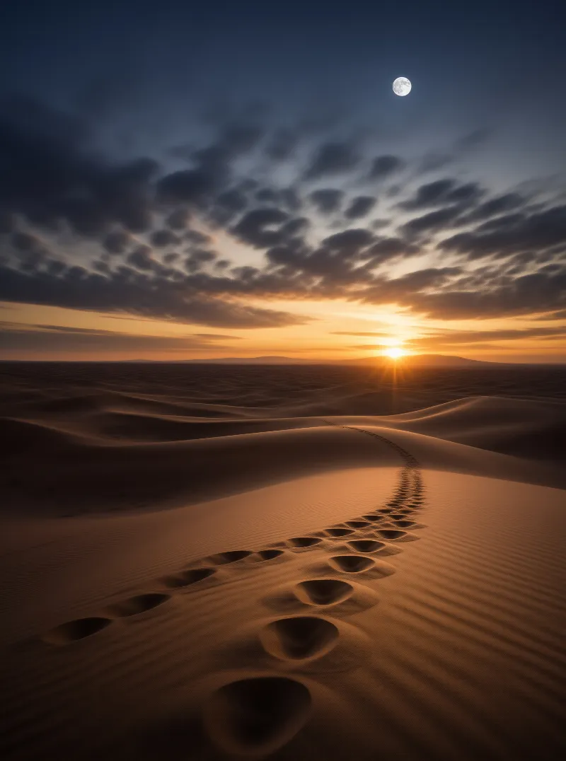 Footprints at Desert Sunset