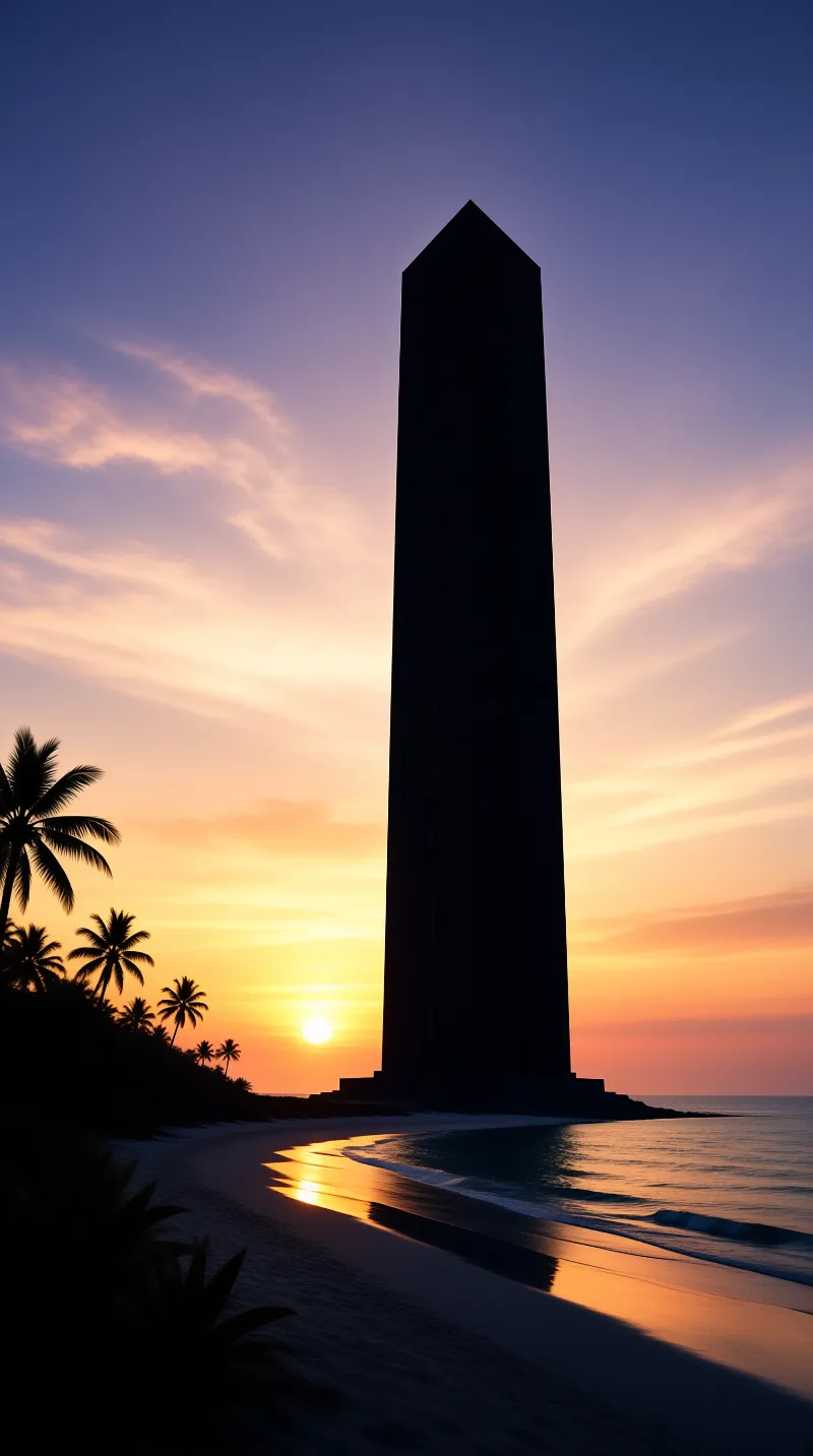 A dark obelisk rises from a tropical beach as the setting sun casts orange reflections across the water and sand.