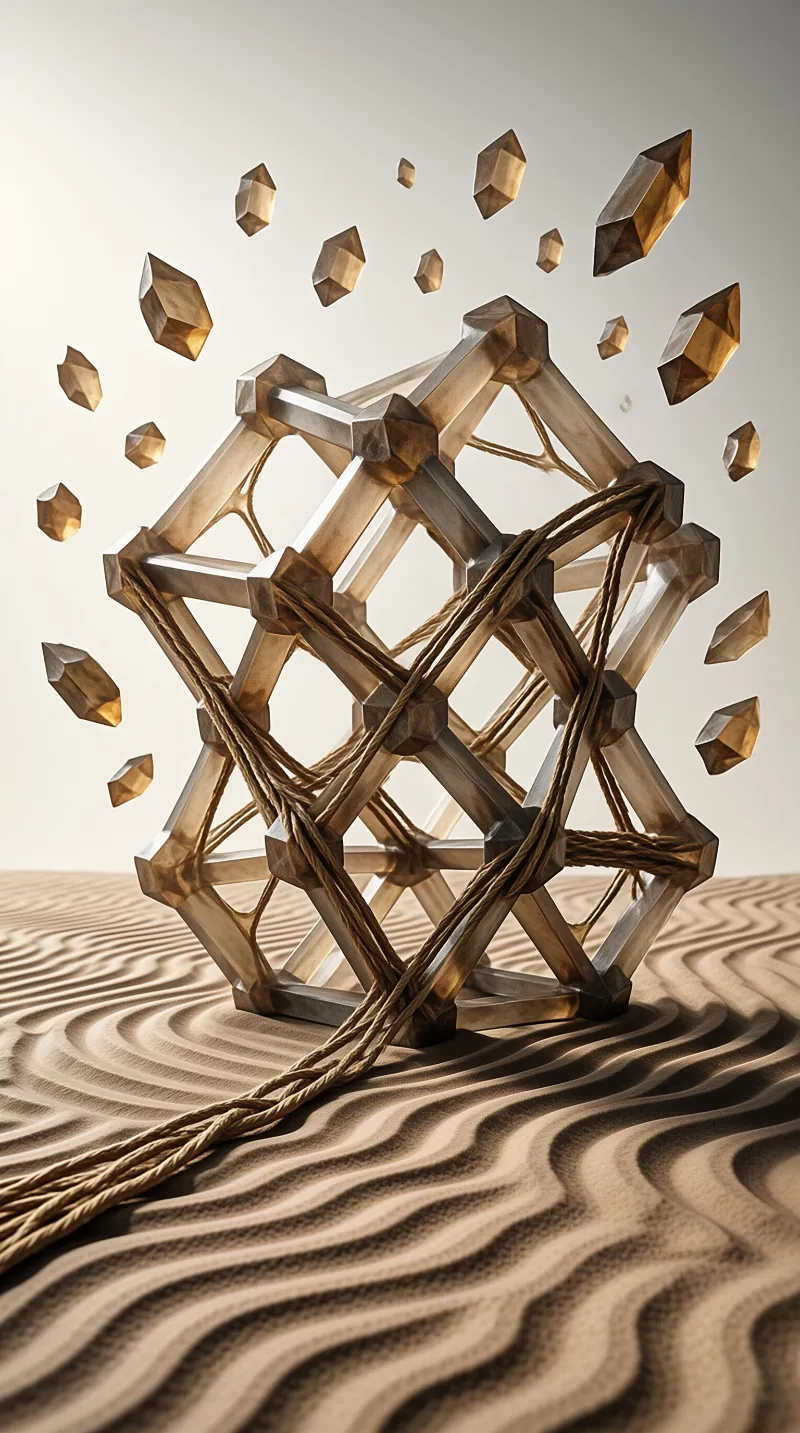A translucent geometric framework explodes into fragments while dark ropes bind the structure above a rippled terrain.