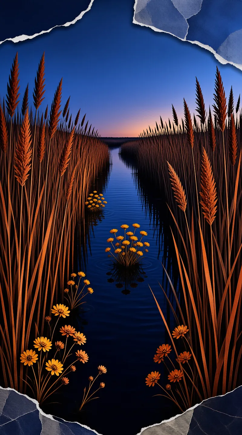 Deep blue water flows between tall brown reeds and yellow wildflowers beneath a fading sky.